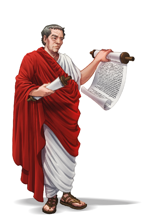 Ilustração. Um homem de cabelos grisalhos, lisos e curtos, vestindo uma toga branca e vermelha e sandália nos pés, segurando rolos de papel com as mãos. Um deles encontra-se estendido, contendo textos.