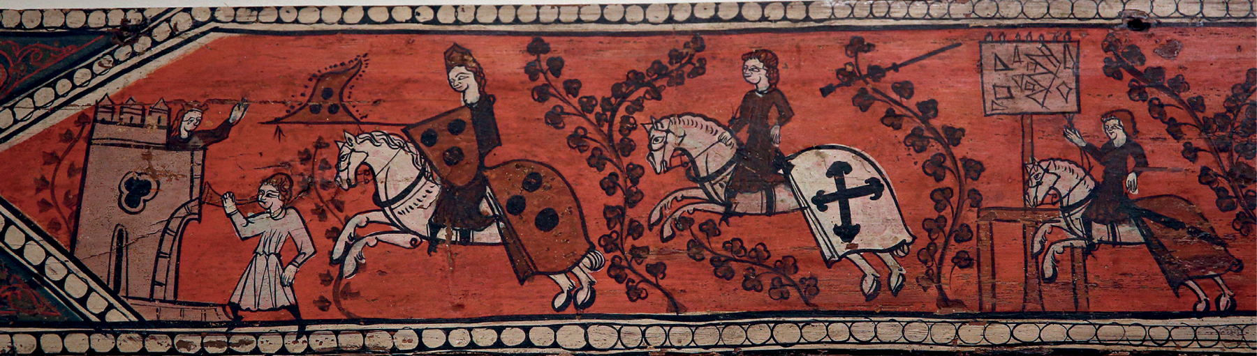 Pintura. Representação de homens vestindo armaduras sobre o dorso de cavalos. Portam escudos, lanças e bandeiras. À esquerda, uma torre de castelo.
