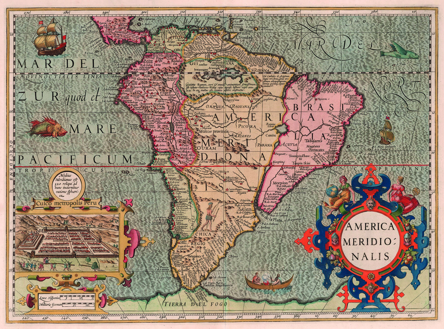 Mapa. Representação do território da América do Sul, banhado por oceanos à leste e à oeste. Sobre a área terrestre há nomes de cidades e caminhos fluviais. Pelo oceano, há imagens de embarcações, navios e animais marinhos.