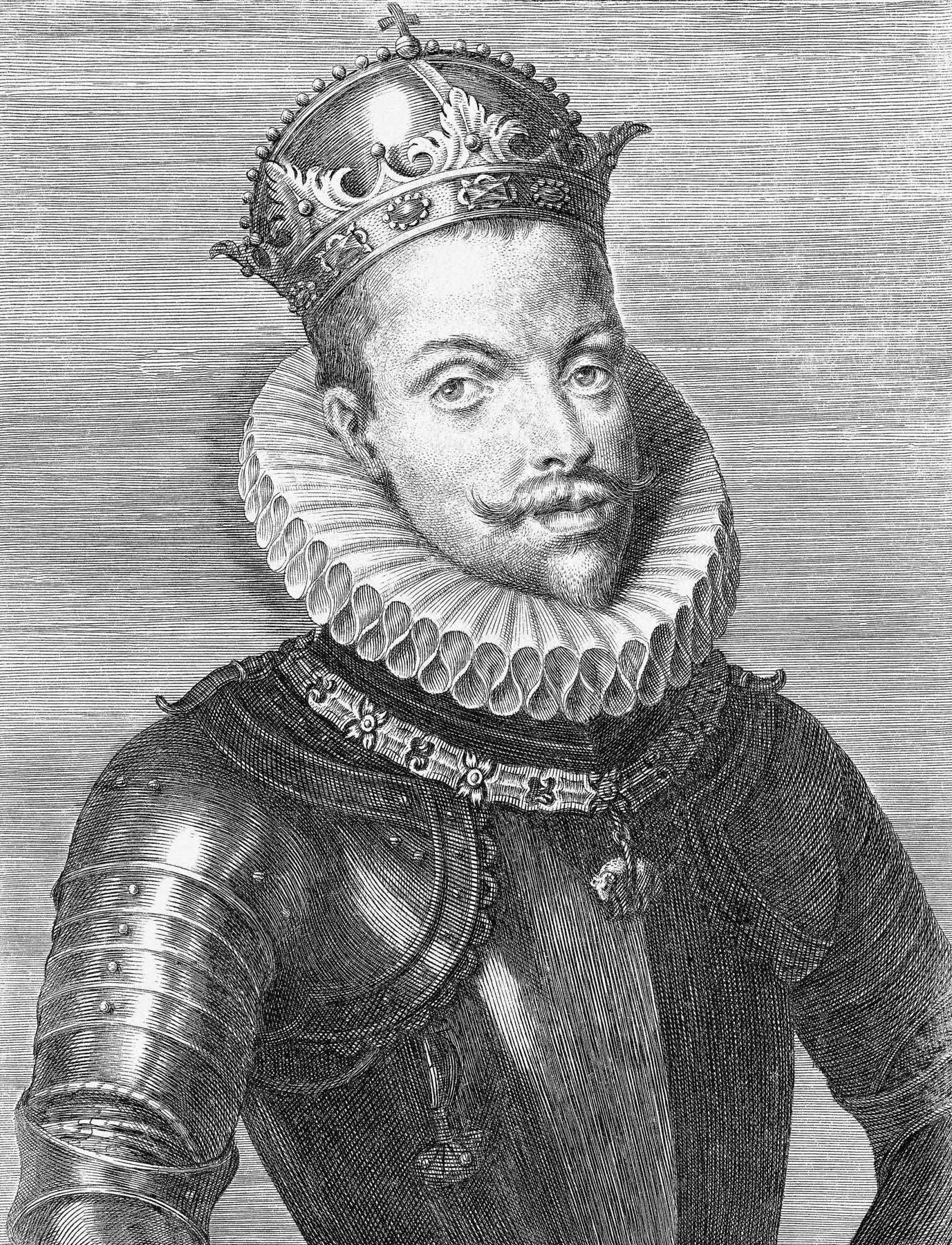 Gravura em preto e branco. Um homem visto de frente, vestindo uma armadura e uma coroa ornamentada sobre a sua cabeça.