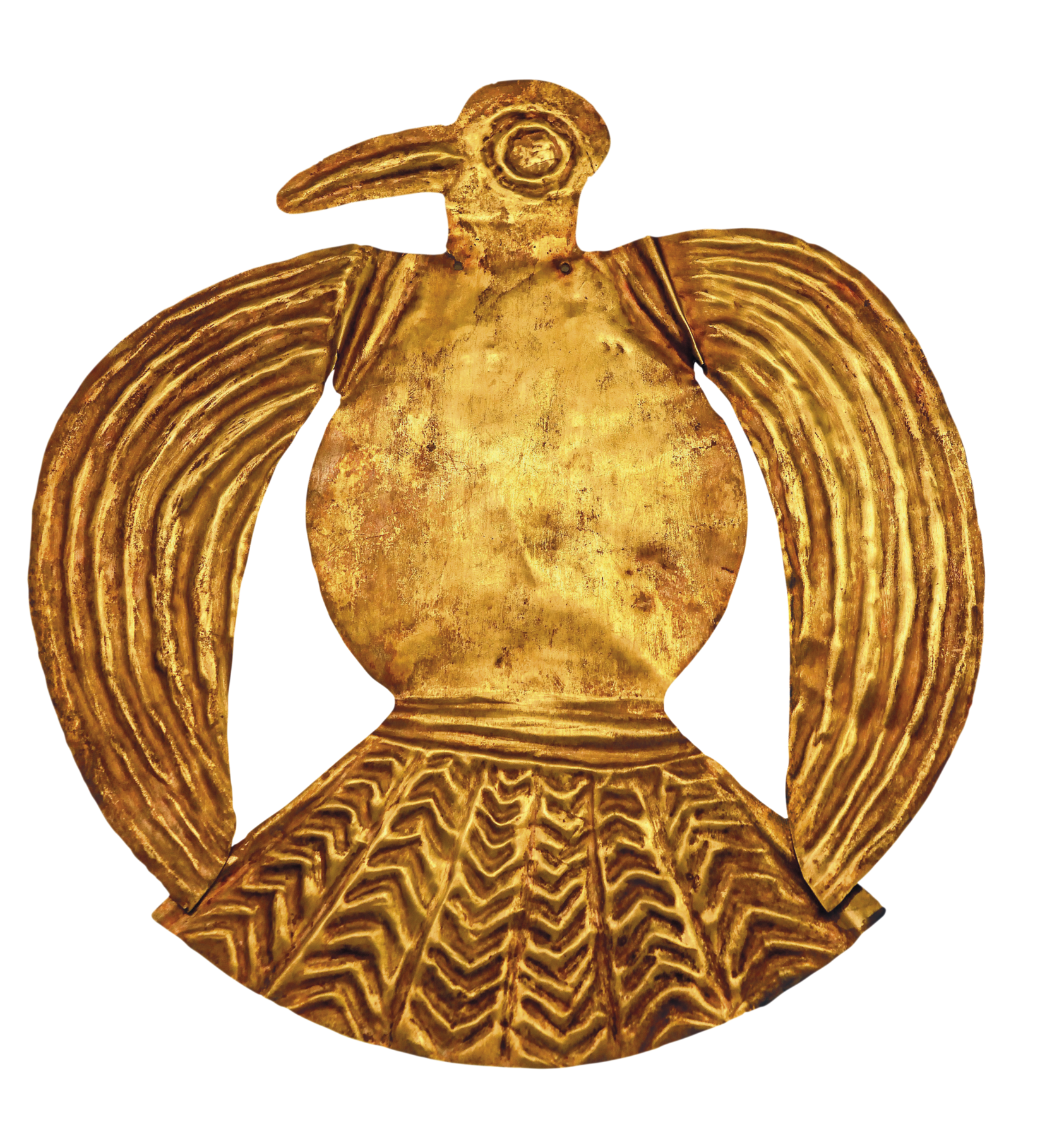 Placa de ouro. Destaque para uma placa dourada em formato de pássaro, com asas circulares e um fino bico na cabeça.