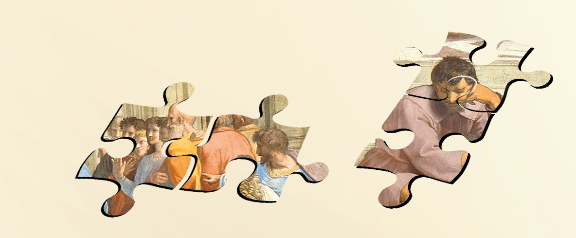 Ilustração. Peças de quebra-cabeça espalhadas por toda a página, as peças têm reproduções de fragmentos do afresco Escola de Atenas com destaque para diferentes personagens em diferentes posições.