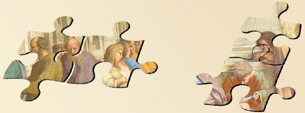 lustração. Quatro peças de quebra-cabeça que têm reproduções de fragmentos do afresco Escola de Atenas, com destaque para diferentes personagens em diferentes cenas.