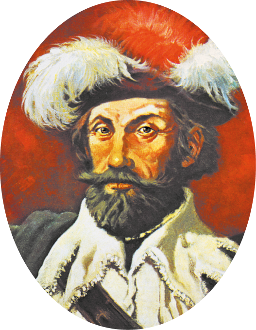 Pintura. Um homem visto de frente, com uma densa barba, bigode e cabelos castanhos, vestindo um casaco de golas altas e brancas e um chapéu com plumas brancas e vermelhas no topo.