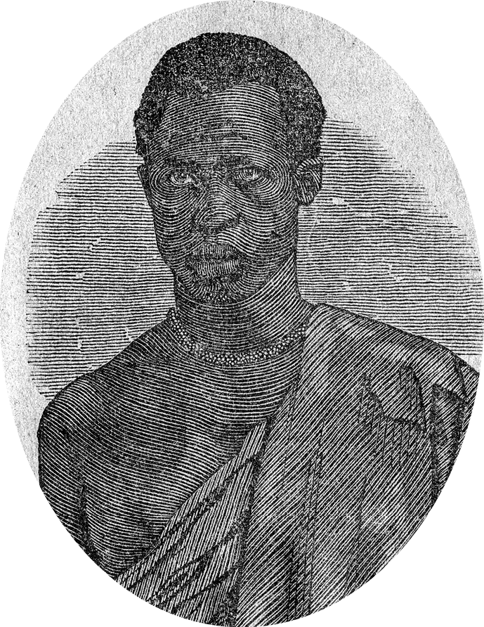 Gravura em preto e branco. Retrato de um homem visto de frente, com cabelos crespos e curtos, vestindo uma manta de tecido cobrindo seu peito parcialmente.