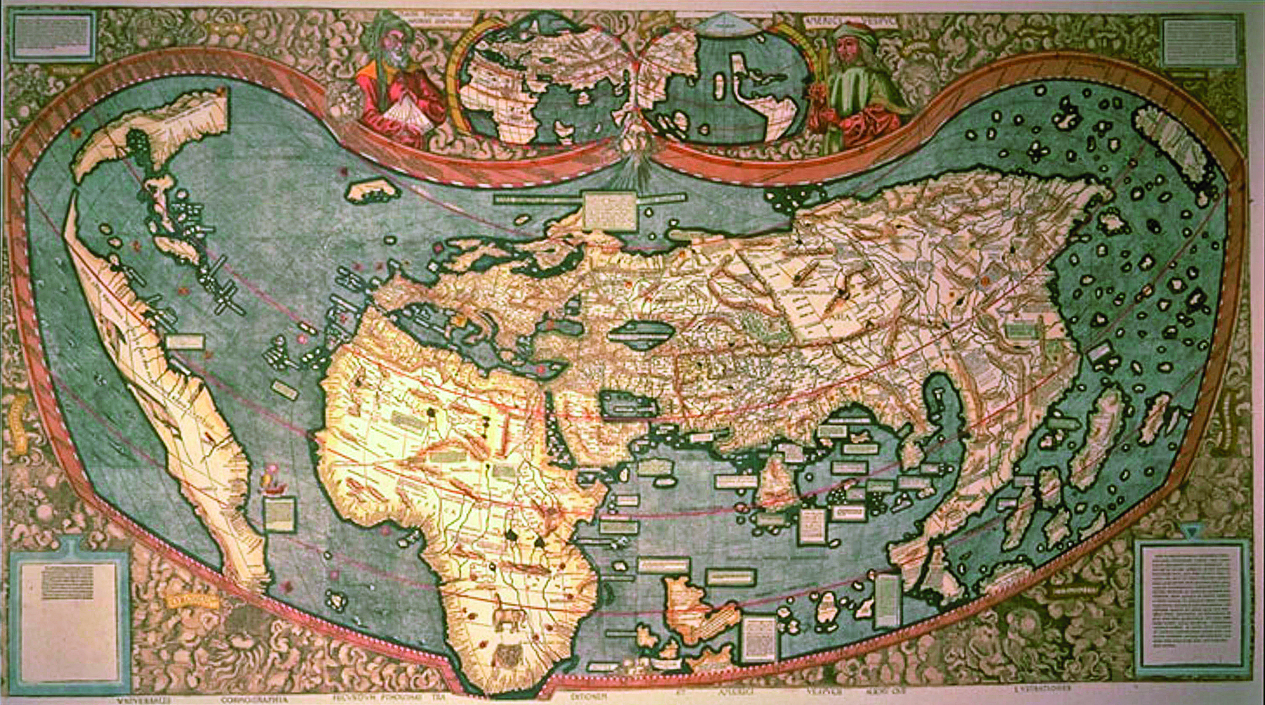 Planisfério. Mapa representando os continentes com formas distorcidas, destacando a América, África, Europa, Ásia e Oceania, cercados por águas oceânicas.