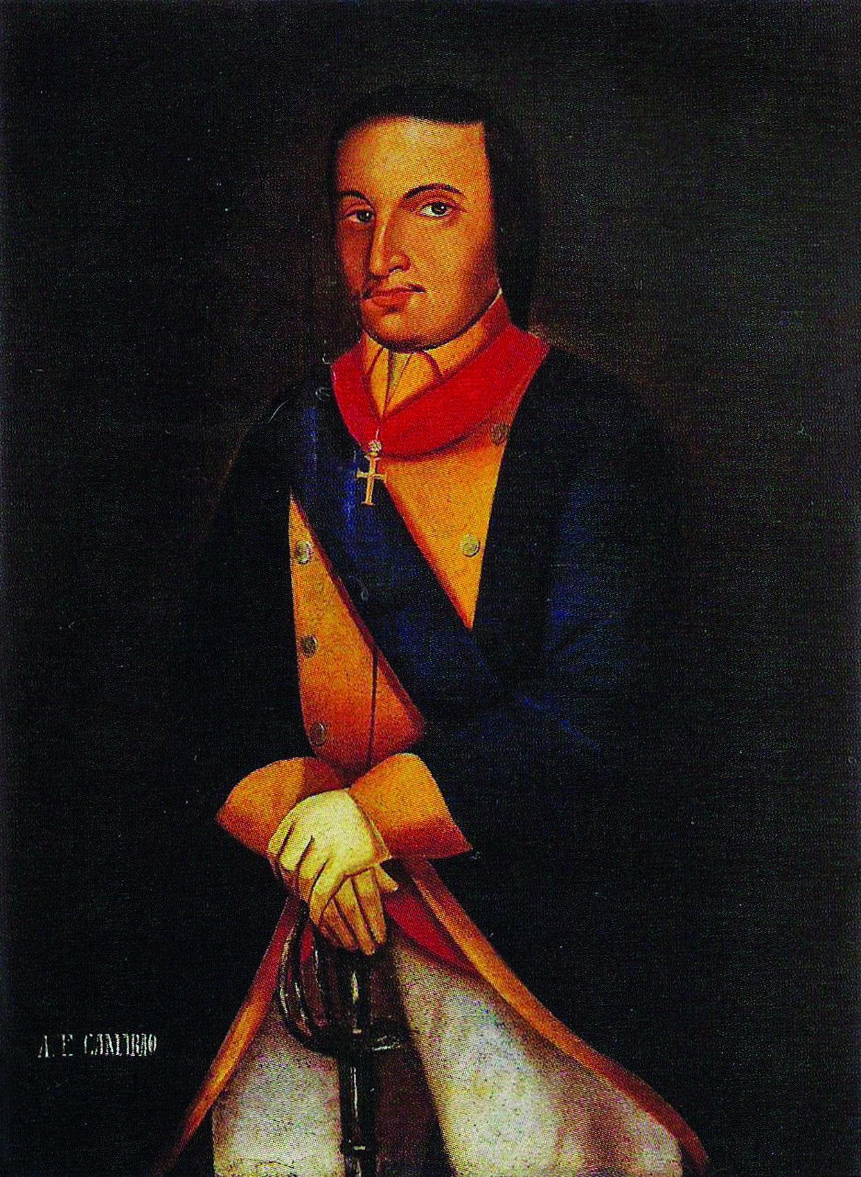 Pintura. Um homem em pé, de cabelos castanhos, longos e lisos, vestindo um casaco azul escuro, calça branca, um crucifixo sobre seu peito, e apoiando suas mãos sobre a base de uma espada.