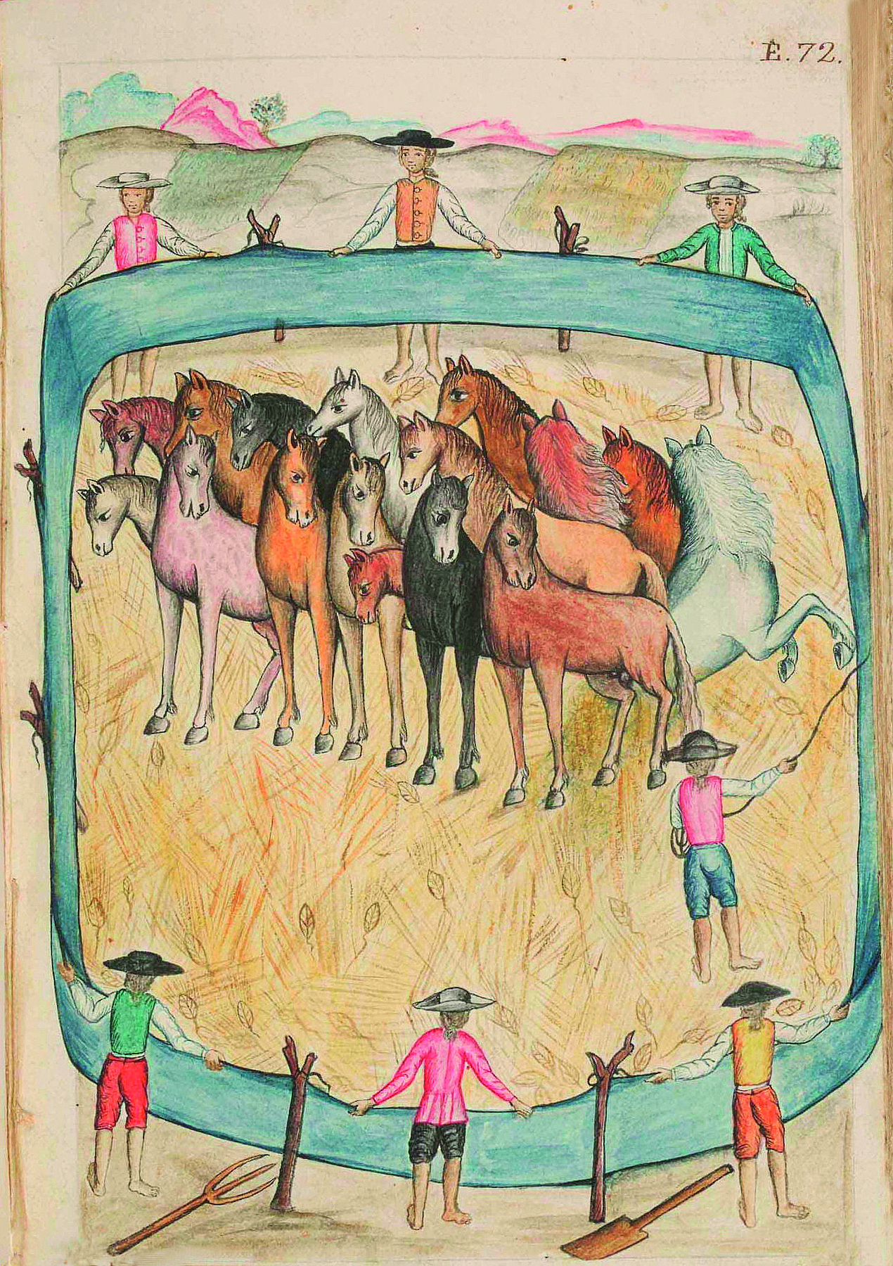 Ilustração. Uma redoma cercada, com homens por detrás das cercas, no entorno, com os olhares voltados para o interior, contendo diversos cavalos. Na redoma, há um homem, em pé, segurando um chicote com uma das mãos.