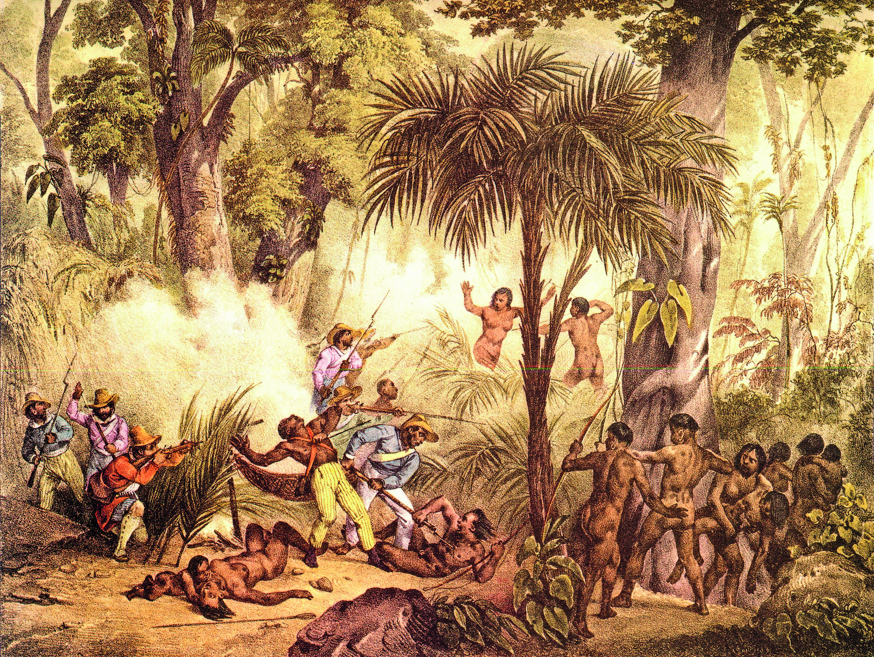 Gravura. Um grupo de indígenas dispersos por entre a mata densamente vegetada, alguns caídos ao chão, outros portando lanças, arcos e flechas. Entre eles, homens vestindo camisas, calças e chapéus, portando lanças e armas.