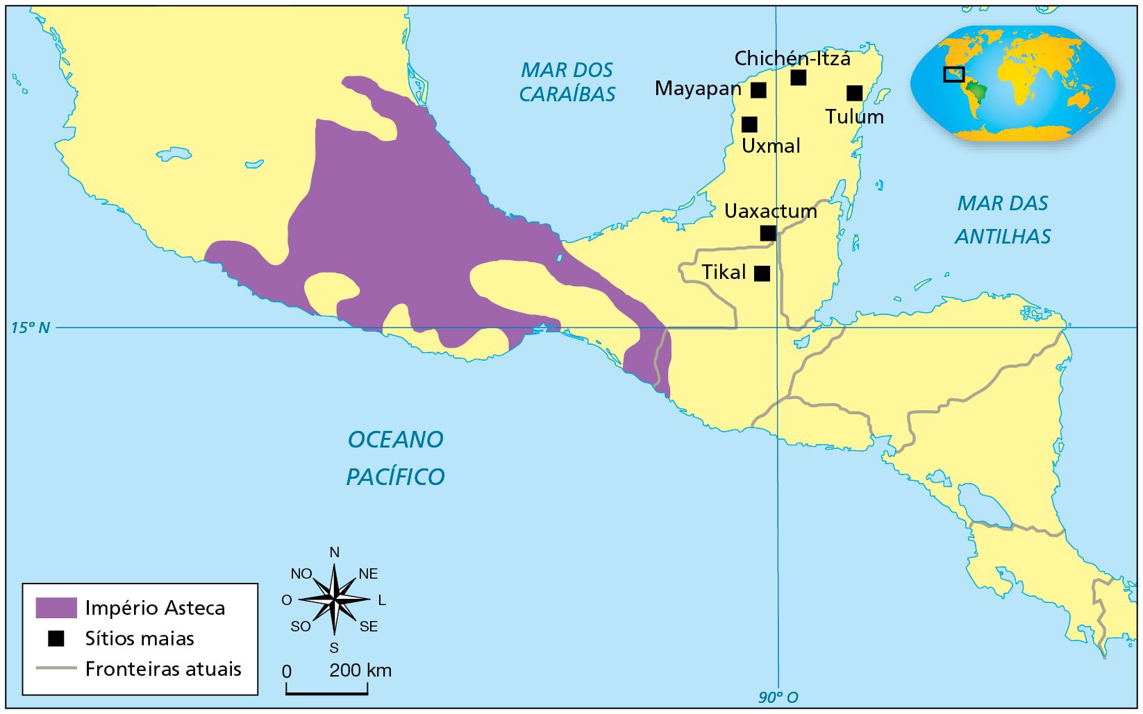 Mapa. Mesoamérica antes de 1519. Destaque para o sul da América do Norte e parte da América Central, com os territórios divididos em fronteiras atuais. Em roxo, área relativa ao Império Asteca, compreendendo faixa de terra na porção sul da América do Norte, no atual México, banhado pelo Oceano Pacífico, ao sul, e Mar dos Caraíbas, ao norte, e parte da América Central. Destaques para sítios maias, indicados por quadrados escuros: Tikal e Uaxactum (à leste do Império Asteca) Uxmal, Tulum, Mayapan e Chichén-Itzá (à nordeste do Império Asteca). No canto inferior esquerdo, rosa dos ventos e escala 0 a 200 quilômetros.