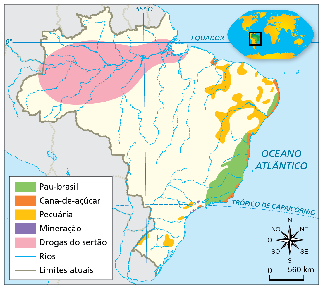 Mapa. Economia colonial (século dezessete). Destaque para o território brasileiro em seus limites atuais. Em verde, 'Pau-brasil, compreendendo a costa e parte do interior das porções sudeste e nordeste do território. Em laranja, 'Cana-de-açúcar', compreendendo pequenas áreas da costa sudeste, leste e nordeste do território. Em amarelo, 'Pecuária', compreendendo áreas dispersas nas porções nordeste e sul do território, e pequenas áreas na porção sudeste. Em roxo, 'Mineração', compreendendo pequenas áreas na porção sudeste do território. Em rosa, 'Drogas do sertão', compreendendo grandes áreas na porção norte e noroeste do território. No canto inferior direito, rosa dos ventos e escala de 0 a 560 quilômetros.