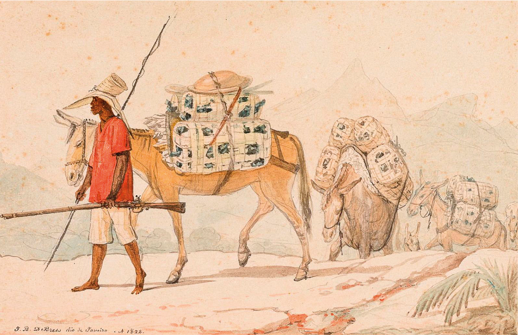 Gravura. Um homem em pé sobre um campo terroso, descalço, vestindo uma camisa vermelha, uma bermuda clara e um chapéu com largas abas na cabeça, portando uma lança e uma arma de fogo, guiando uma fila de mulas carregando pacotes contendo pedras escuras.