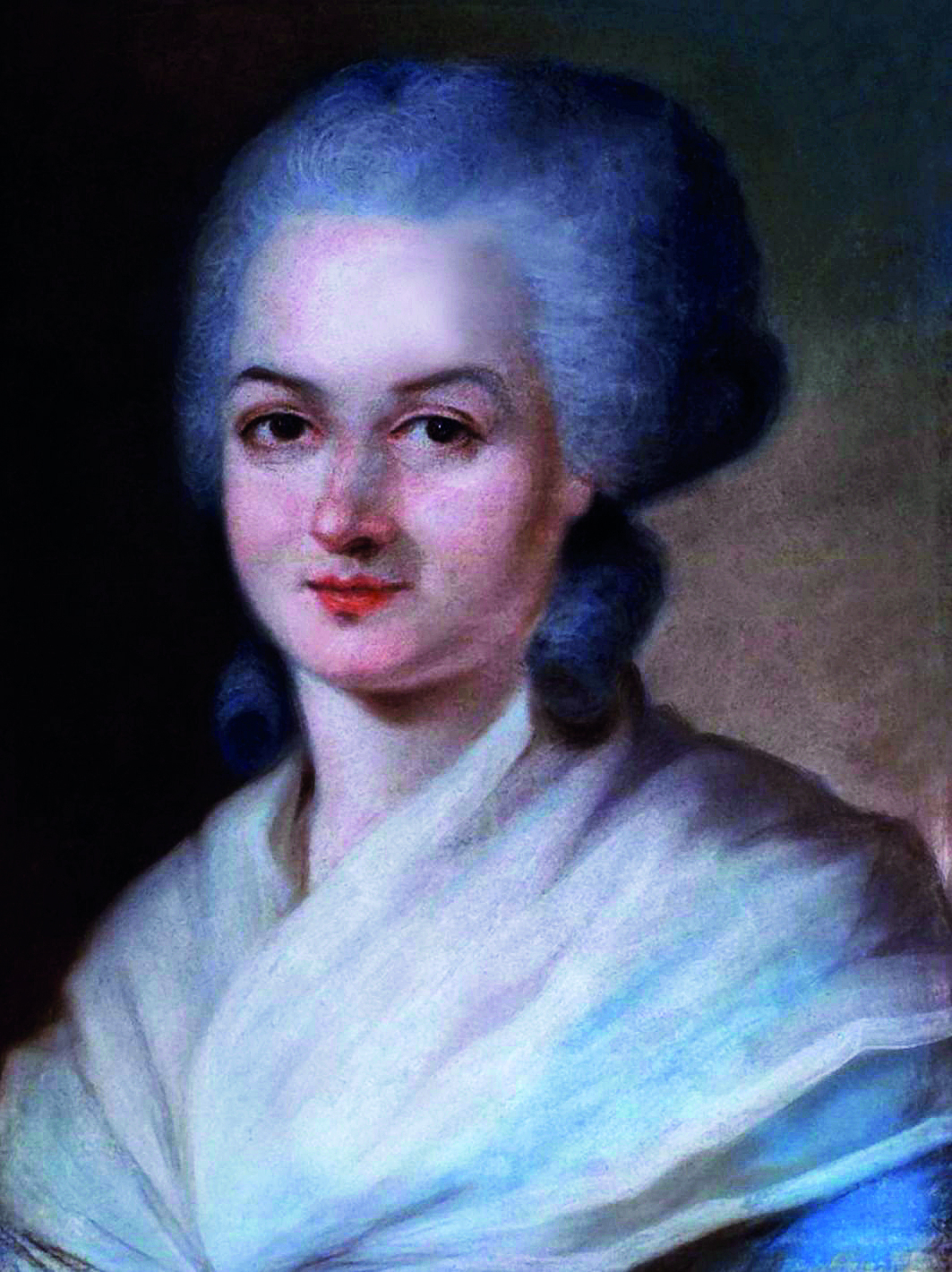 Pintura. Retrato de uma mulher branca de olhos castanhos, cabelos acinzentados e volumosos presos em um penteado, vestindo um lenço branco sobre seus ombros e peito. Seus olhos estão abertos e os lábios cerrados.