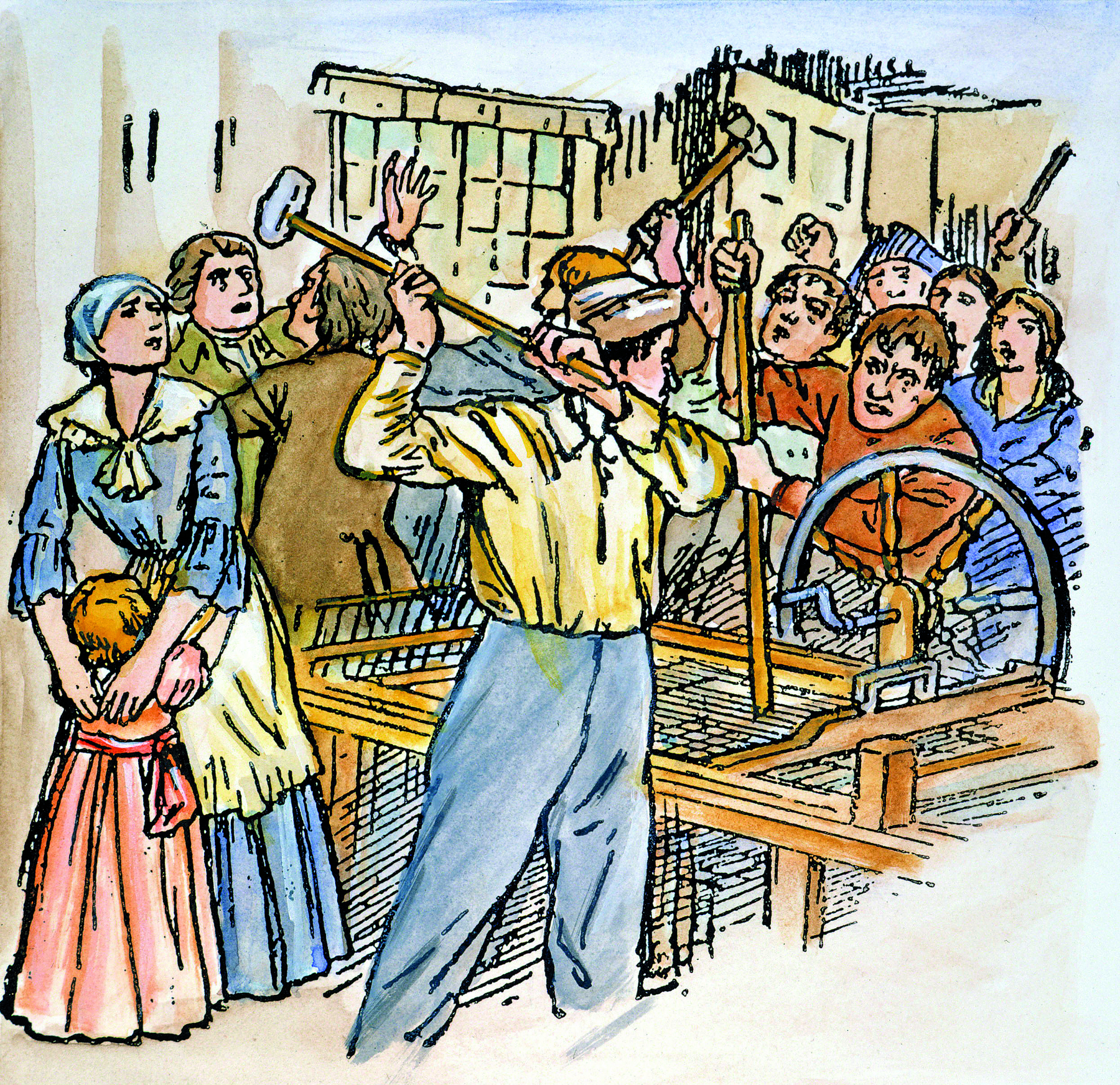 Ilustração. Um grupo de homens e mulheres aglomerados, portando marretas e martelos, voltados para uma máquina de tear.
