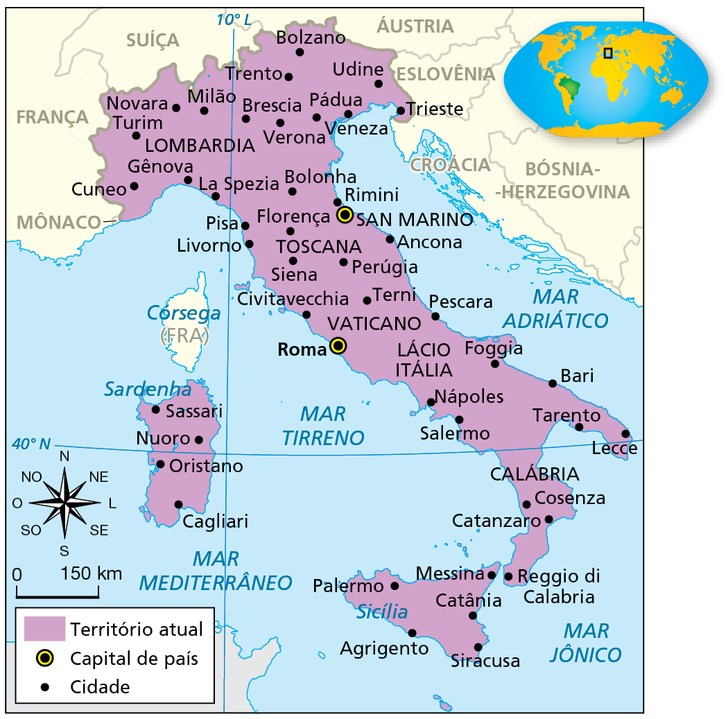 Mapa. Itália: divisão política atual. Destaque para o território italiano, na Península Itálica, entre os mares Mediterrâneo, a sudoeste, e Tirreno, a oeste; Jônico, a sudeste, e Adriático, à leste.  
Em roxo, está demarcado o 'Território atual', compreendendo o território insular, com as ilhas de Sardenha, incluindo as cidades de Cagliari, Oristano, Nuoro e Sassari; e Sicília, incluindo as cidades de Palermo, Messina, Catânia, Siracusa e Agrigento.
E as regiões continentais na Península Itálica: no sul, a região da Calábria e as cidades de Reggio di Calábria, Catanzaro, Cosenza, Lecce, Tarento e Bari; no Lácio Itália, as cidades de Nápoles, Salermo, Foggia e Pescara.
No centro da península, o Vaticano; a cidade de Roma; a região da Toscana; San Marino, capital da República de San Marino; e as cidades de Terni, Civitavecchia, Siena, Perúgia, Ancona, Rimini, Florença, Pisa, Livorno, Bolonha.
No norte da península, a região da Lombardia e as cidades de Cuneo, Gênova, Milão Novara, Turim, Trento, Bolzano, Udine, Pádua, Veneza, Verona e Trieste. Em destaque, a capital Roma. 
Na parte inferior, rosa dos ventos e escala de 0 a 150 quilômetros.