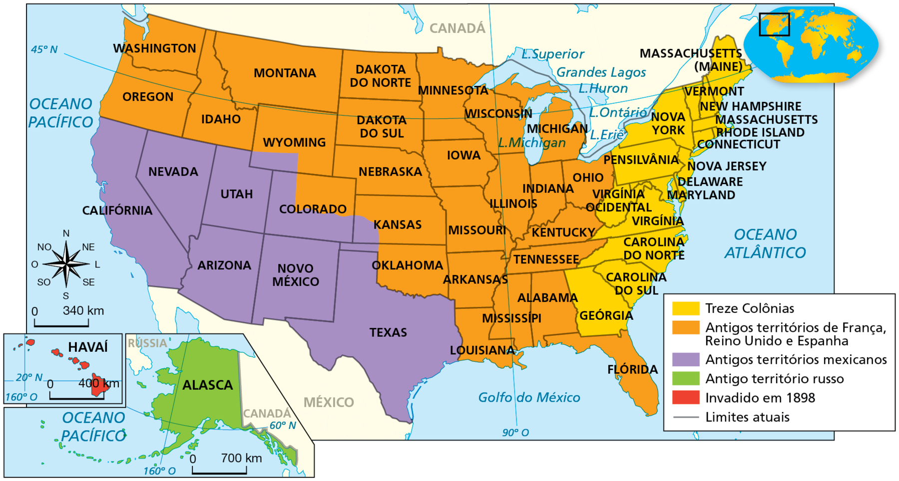 Mapa. Expansão territorial dos Estados Unidos. Século dezenove. Mapa representando o território dos Estados Unidos, com áreas destacadas em diferentes cores.
Em amarelo, as “Treze colônias”, compreendendo Geórgia, Carolina do Sul, Carolina do Norte, Virgínia, Virgínia Ocidental, Maryland, Delaware, Nova Jersey, Pensilvânia, Connecticut, Rhode Island, Massachusetts, New Hampshire, Vermont, Massachusetts (Maine) e Nova Iorque. 
Em laranja, “Antigos territórios de França, Reino Unido e Espanha”, compreendendo Flórida, Louisiana, Mississípi, Alabama, Tennesse, Kentucky, Ohio, Michigan, Indiana, Illinois, Missouri, Arkansas, Iowa, Wisconsin, Minnesota, Nebraska, Dakota do Sul, Dakota do Norte, Montana, Idaho, Oregon, Washington e partes do Colorado, do Kansas, de Oklahoma e de Wyoming.
Em roxo, “Antigos territórios mexicanos”, compreendendo Texas, Novo México, Utah, Arizona, Nevada, Califórnia e partes do Colorado, do Kansas, de Oklahoma e de Wyoming.
Em verde, “Antigo território russo”. Destaque para uma pequena área, ampliada no canto inferior esquerdo do mapa, compreendendo o Alasca, a oeste do Canadá.
Em vermelho, “Invadido em 1898”.  Destaque para uma pequena área, ampliada no canto inferior esquerdo do mapa, compreendendo o Havaí, conjunto de ilhas no Oceano Pacífico na altura do paralelo 20 Norte. 
No canto inferior esquerdo, rosa dos ventos e escala de 0 a 340 quilômetros. No mapa do Alasca, escala de 0 a 700 quilômetros. No mapa do Havaí, escala de 0 a 400 quilômetros.