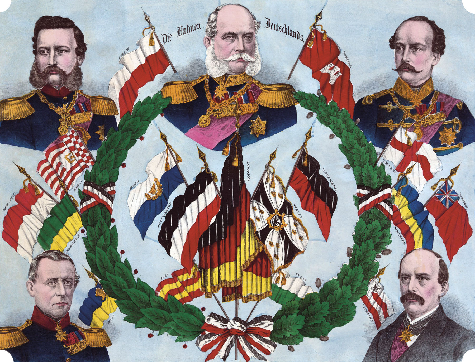 Gravura. No centro da imagem, uma coroa de louros de folhas verdes ao redor de um feixe com sete bandeiras (com destaque para a bandeira da Alemanha, com suas faixas horizontais nas cores preta, vermelha e amarela). Ao redor das bandeiras, identificando-as, as inscrições: Baden, Alemanha do Norte, Bavaria, Alemanha, Prússia, Wirtenberg e Saxônia. Ao redor da coroa de louros, há três bandeiras à esquerda (Bremen, Resse-Kassel e Resse-Darmstadt) e três bandeiras à direita (Oldemburgo, Hanover, Meclemburgo), além dos retratos de cinco homens. Em sentido horário: No alto da imagem, no centro, um homem visto de frente. Ele é calvo, com cabelos ondulados, ralos e brancos na lateral da cabeça, com uma volumosa barba grisalha nas laterais do rosto e um bigode espesso de pontas finas. Veste um traje militar azul-escuro, com colarinho dourado com bordados, dragonas douradas nos ombros, uma estrela e medalhas douradas no peito, um grande medalhão dourado preso a uma corrente e uma faixa rosa cruzando seu peito. Em torno dele, uma inscrição em língua alemã, além da bandeira de Lübeck, à esquerda, e a bandeira de Hamburgo, à direita. No alto, à direita, um homem visto de frente, com o olhar voltado para a esquerda. Ele é calvo na frente na cabeça, tem cabelos castanhos, curtos e ondulados nas laterais, e um bigode espesso de pontas finas. Veste um traje militar azul-escuro, com botões dourados, colarinho dourado com bordados, um medalhão dourado e uma estrela dourada no peito e uma faixa rosa cruzando seu peito. No canto inferior direito, um homem visto de frente. Ele é calvo, tem cabelos ralos e castanhos nas laterais e no topo da cabeça. Com um bigode castanho, veste um casaco escuro, uma camisa branca e usa um medalhão dourado preso por um lenço escuro ao redor de seu pescoço. Ao lado dele, presa à coroa de louros no centro da imagem, a bandeira de Frankfurt. No canto inferior esquerdo, um homem visto de frente, com cabelos curtos, lisos e acinzentados, vestindo um traje militar azul-escuro, com colarinho vermelho e medalhas douradas no peito. Ao lado dele, presa à coroa de louros, a bandeira de Nassau. No alto, à esquerda, um homem visto de frente, com o olhar voltado para a esquerda. Ele tem cabelos castanhos, curtos e ondulados, uma barba espessa nas laterais do rosto e um bigode de pontas finas. Veste um traje militar azul-escuro, com colarinho vermelho, um medalhão e uma estrela dourada e várias medalhas no peito.