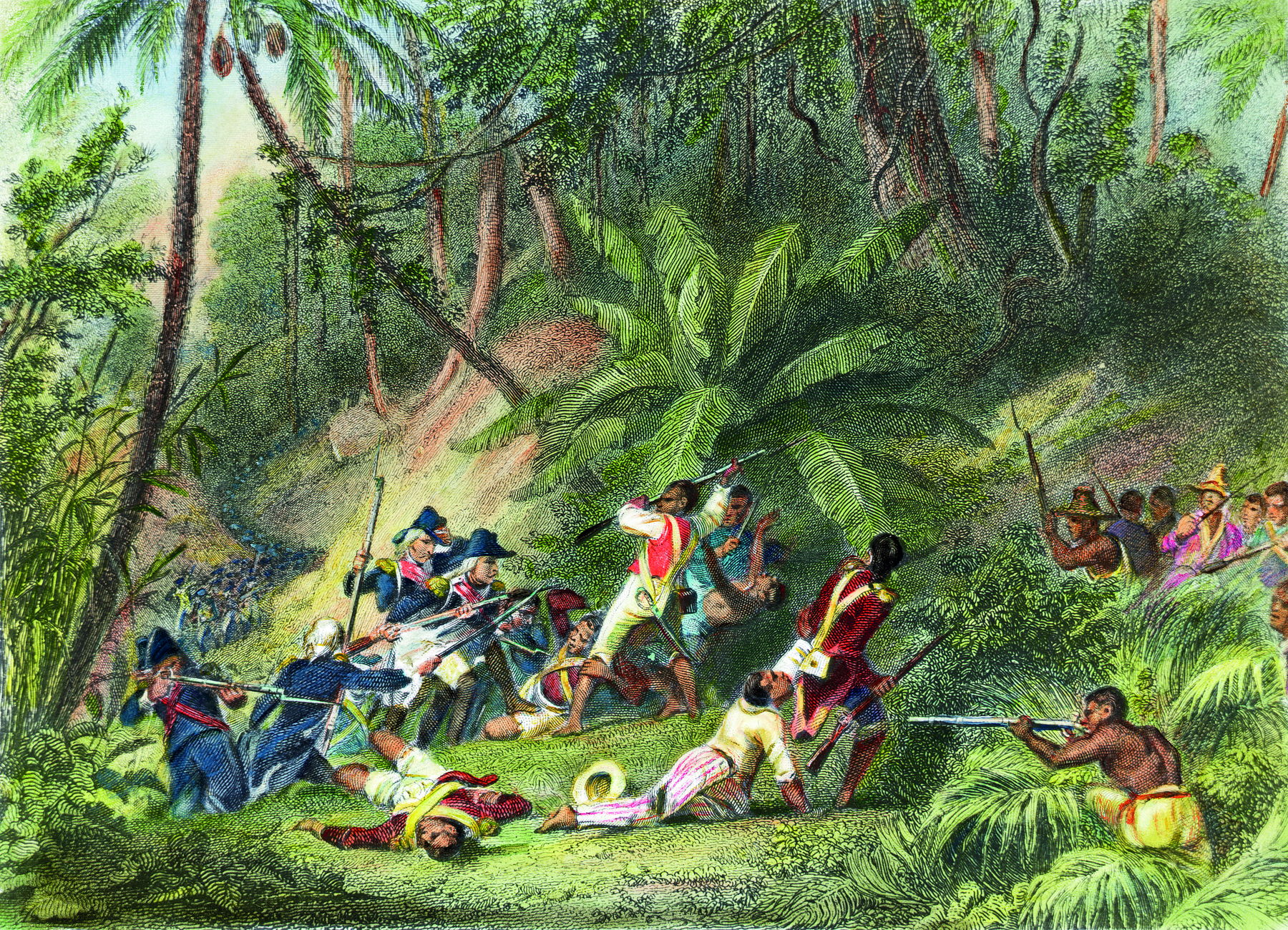Gravura. Grupos de homens em uma floresta com mata exuberante e diferentes árvores. À esquerda, homens com trajes militares azuis e chapéus, portando armas de fogo em suas mãos, e à direita, homens vestindo camisas ou com os peitos desnudos, portando lanças e espingardas.