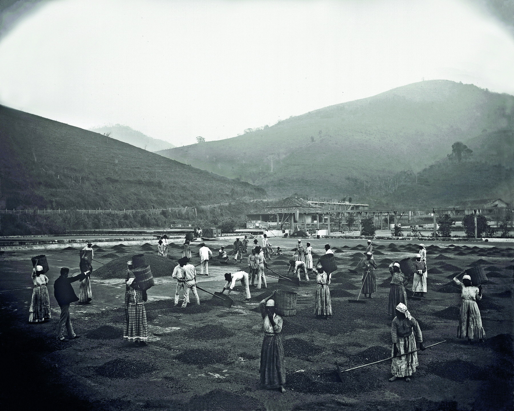 Fotografia em preto e branco. Sobre um grande campo, plano e terroso, diversas pessoas distribuídas, algumas portando enxadas. Em segundo plano, cadeias de montanhas pelo horizonte.