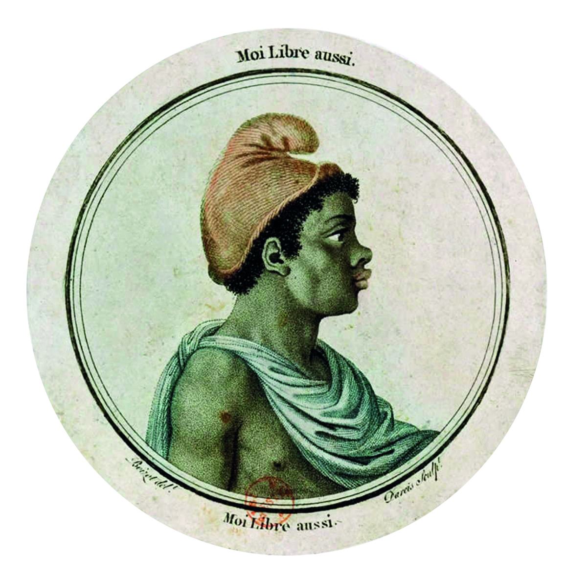 Gravura. Sobre um fundo branco circular,  retrato de um homem visto de perfil. Ele é negro, tem cabelos crespos, curtos, escuros. Usa um barrete vermelho sobre sua cabeça e um tecido azul sobre seu peito nu.