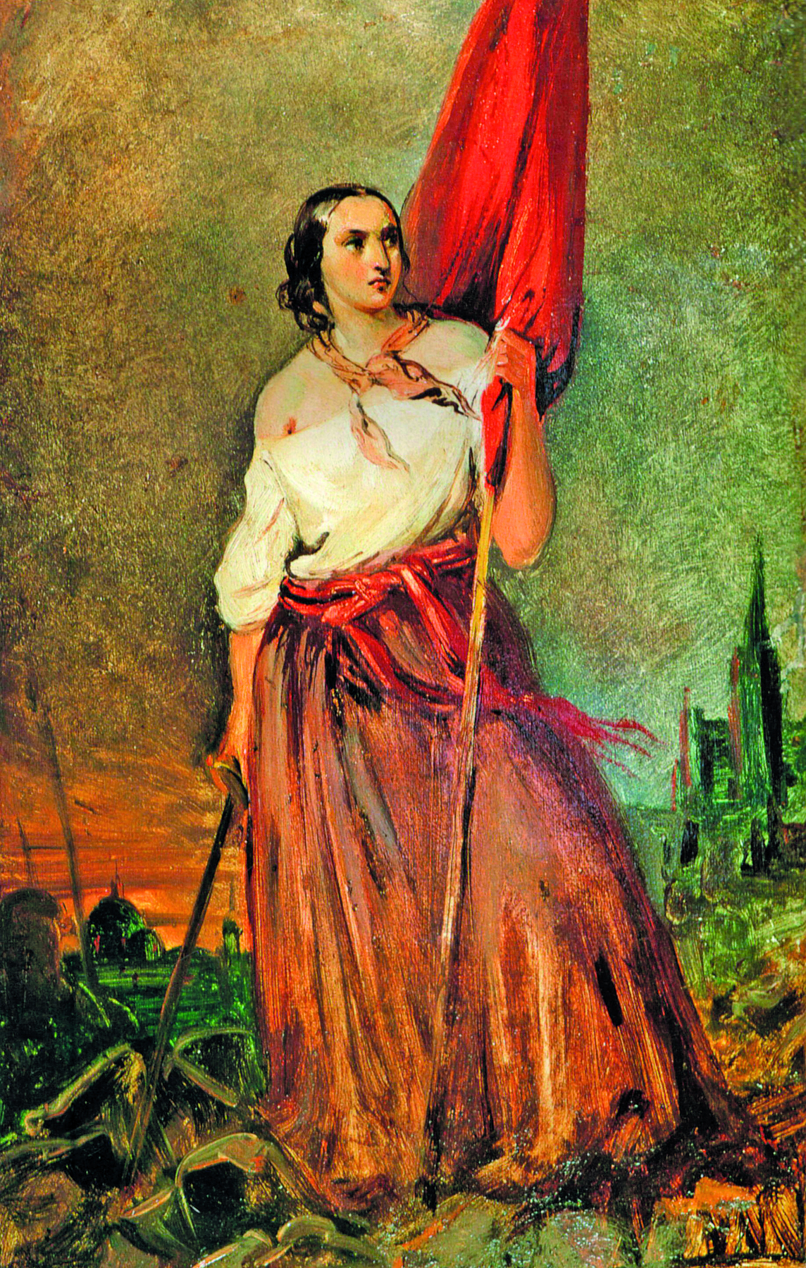 Pintura. Retrato de uma mulher de corpo inteiro, cabelos castanhos, longos, lisos e presos, vestindo uma camisa branca tomara que caia e uma longa saia vermelha, segurando uma bandeira vermelha com a mão esquerda, e uma espada com a direita.