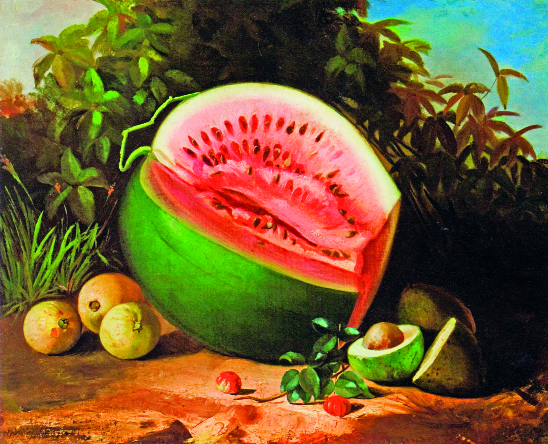 Pintura. No centro da imagem, frutas sobre um solo terroso, destaque para a melancia aberta. À esquerda, goiabas; à direita, um abacate aberto. Ao fundo, folhas e plantas.