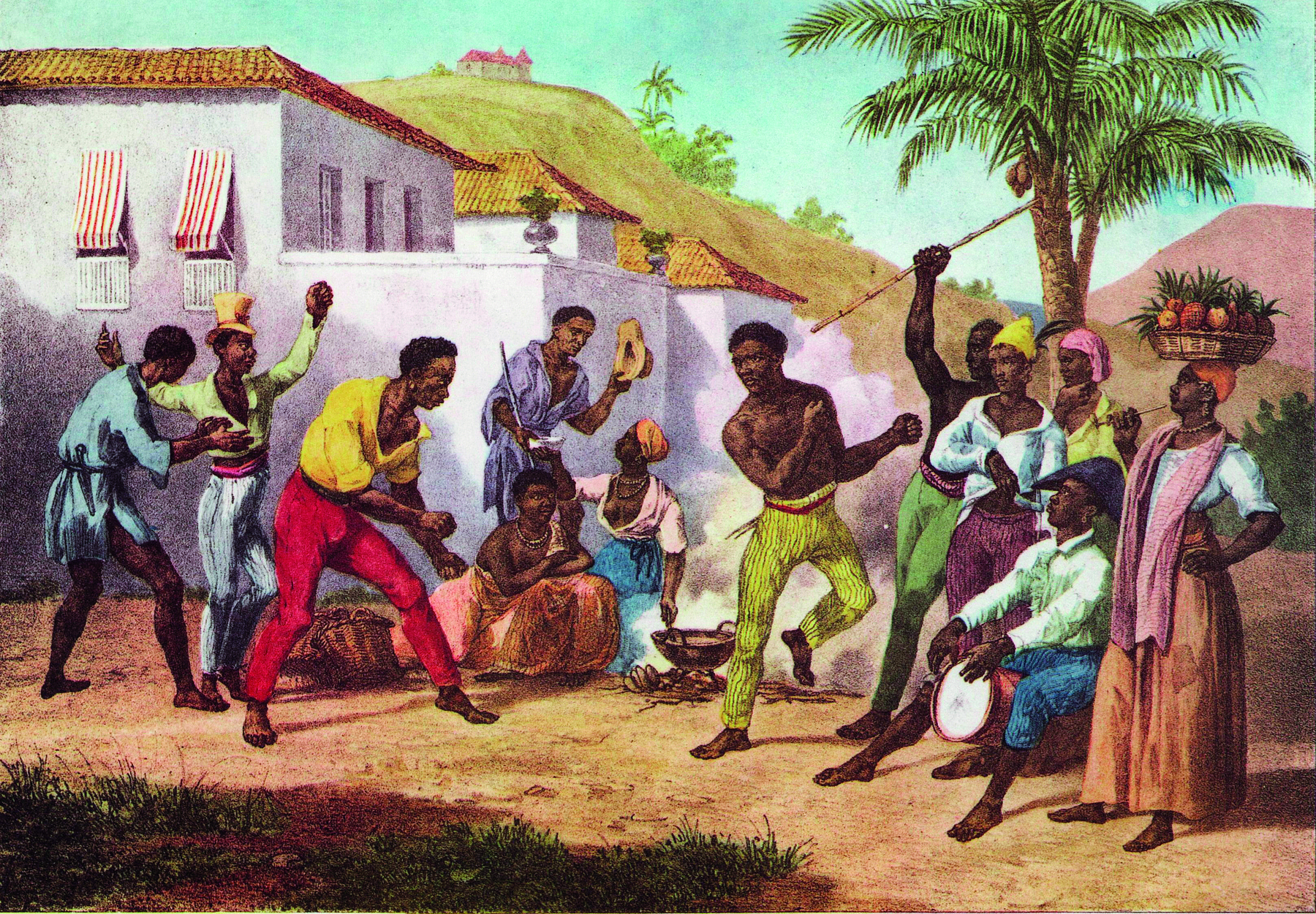 Gravura. Grupo de pessoas dispostas em uma roda, sobre um pátio à frente de uma casa com paredes brancas. Alguns deles portam instrumentos musicais, e outros dois estão gingando. Ao redor, homens e mulheres observam a cena.