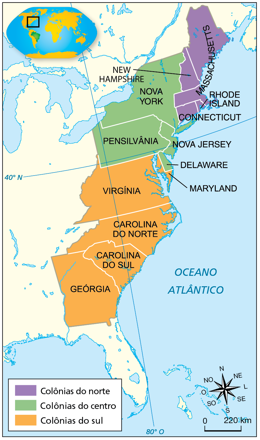 Mapa. As Treze Colônias inglesas na América do Norte. Século dezoito. Mapa representando a costa leste da América do Norte, diante do Oceano Atlântico, com destaques para áreas em três cores. Em roxo, colônias do norte: Connecticut, Rhode Island, Massachusetts e  New Hampshire.
Em verde, colônias do centro: Nova York, Pensilvânia, Nova Jersey e Delaware. 
Em laranja, colônias do sul: Virgínia, Maryland, Carolina do Norte, Carolina do Sul e Geórgia.  
No canto inferior direito, rosa dos ventos e escala de 0 a 220 quilômetros.