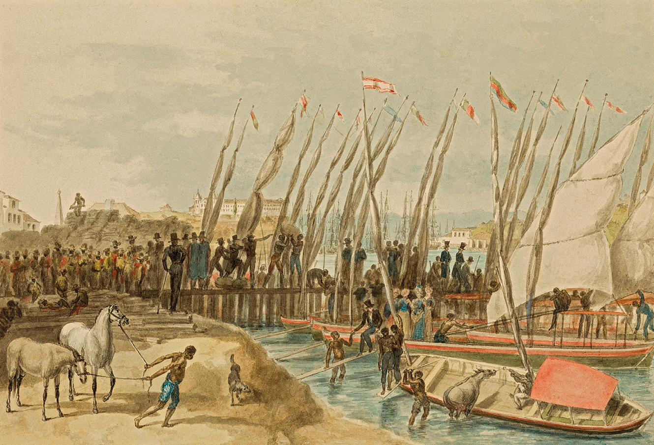 Aquarela. Em um porto, no primeiro plano da imagem, à esquerda, um homem puxa dois cavalos com uma corda; à direita, um curso de água com alguns barcos à vela de madeira, mais ao fundo, sobre um cais, com bandeiras, diversas pessoas aglomeradas.