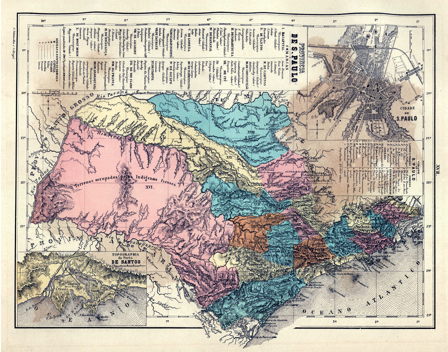 Fotografia. Mapa antigo da província de São Paulo, com representação topográfica indicando tipos de terrenos, bem como textos no topo.