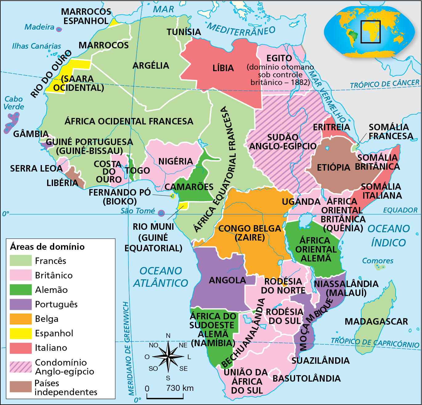 Mapa. Impérios coloniais na África (1914). Mapa representando o continente africano, dividido politicamente em várias áreas de domínio destacadas por cores distintas. 
Em verde claro, “Áreas de domínio francês”, compreendendo Marrocos, Tunísia, Argélia, África Ocidental Francesa, África Equatorial Francesa, Somália Francesa, Madagascar e Gâmbia. 
Em rosa claro, “Áreas de domínio Britânico”, compreendendo o Egito (domínio otomano sob controle britânico – 1882), Serra Leoa, Costa do Ouro, Nigéria, Uganda, África Oriental Britânica (Quênia), Somália Britânica, Rodésia do Norte, Rodésia do Sul, União da África do Sul, Basutolândia, Suazilândia e Bechuanalândia.
Em verde escuro, “Áreas de domínio Alemão”, compreendendo Togo, Camarões, África Oriental Alemã e África do Sudoeste Alemã (Namíbia). 
Em roxo, “Áreas de domínio português”, compreendendo Madeira, Cabo Verde, Guiné Portuguesa (Guiné-Bissau), Angola, Moçambique e Niassalândia (Malauí). 
Em laranja, “Áreas de domínio Belga”, compreendendo Congo Belga (Zaire). 
Em amarelo, “Áreas de domínio Espanhol”, compreendendo Rio do Ouro (Saara Ocidental), Marrocos Espanhol, Rio Muni (Guiné Equatorial) e Fernando Pó (Bioko). 
Em vermelho, “Áreas de domínio Italiano”, compreendendo Líbia, Eritreia e Somália Italiana. 
Em rosa com listra diagonais roxas, “Condomínio Anglo-egípcio”, compreendendo o Sudão Anglo-egípcio. 
Em marrom, “Países independentes”, compreendendo a Libéria e Etiópia. 
Na parte inferior, rosa dos ventos e escala de 0 a 730 quilômetros.