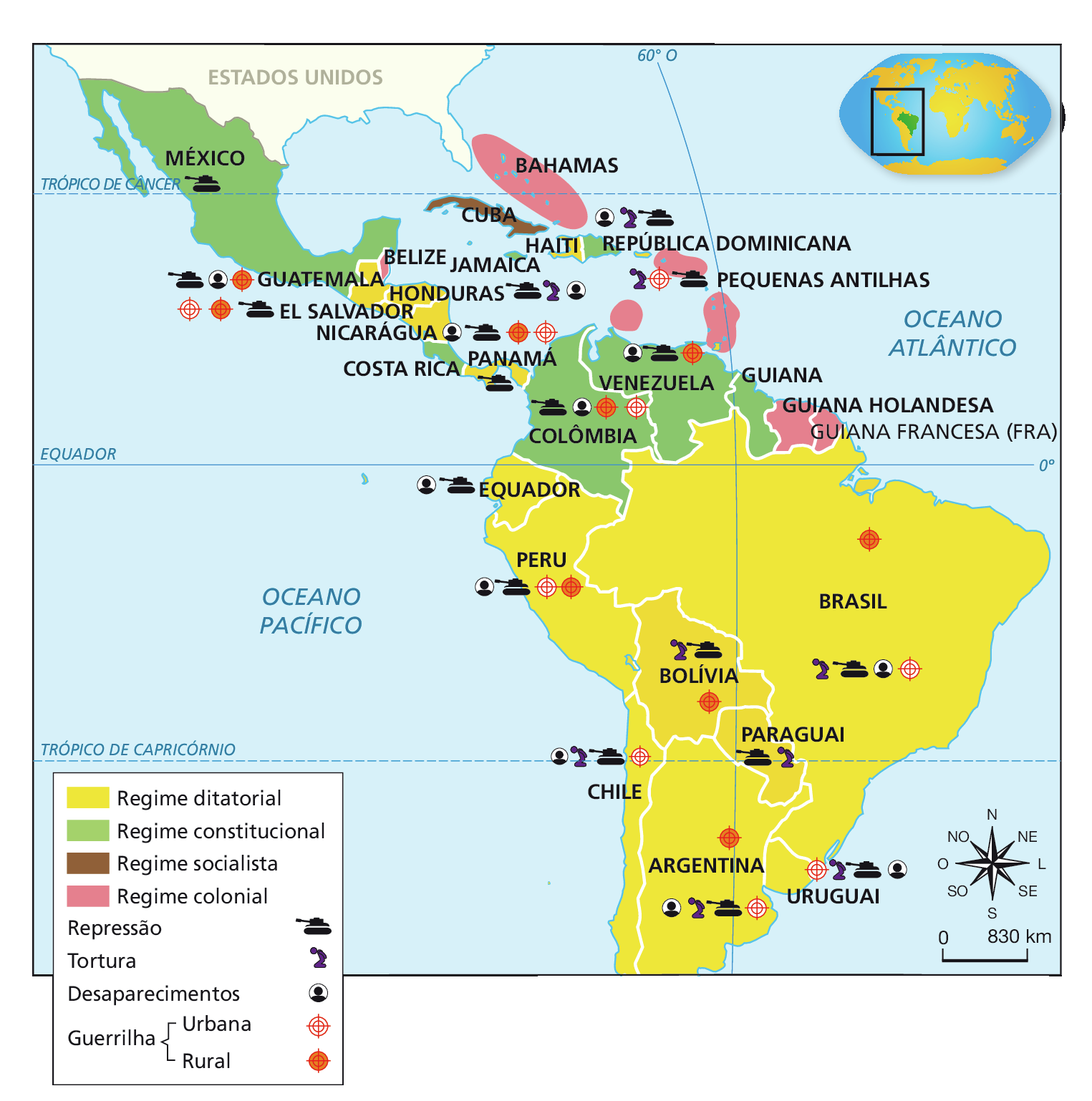 Mapa. Regimes políticos na América Latina (1960-1970). Mapa representando a América Latina. 
Em amarelo, 'Regime ditatorial', compreendendo o Brasil (com ícones indicando tortura, repressão, desaparecimentos, guerrilha urbana e guerrilha rural); Uruguai (com ícones indicando guerrilha urbana, tortura, repressão e desaparecimentos); Argentina (com ícones indicando desaparecimentos, tortura, repressão, guerrilha rural e guerrilha urbana); Paraguai (com ícones indicando repressão e tortura); Chile (com ícones indicando desaparecimentos, tortura, repressão e guerrilha urbana); Bolívia (com ícones indicando tortura, repressão e guerrilha rural); Peru (com ícones indicando desaparecimentos, repressão, guerrilha urbana e guerrilha rural); Equador (com ícones indicando desaparecimentos e repressão); Panamá (com ícones indicando repressão); Nicarágua (com ícones indicando desaparecimentos, repressão, guerrilha urbana e guerrilha rural); Honduras (com ícones indicando repressão, tortura e desaparecimentos); El Salvador (com ícones indicando guerrilha urbana, guerrilha rural e repressão); Guatemala (com ícones indicando repressão, desaparecimentos e guerrilha rural) e Haiti. 
Em verde, 'Regime constitucional', compreendendo a Colômbia (com ícones indicando repressão, desaparecimentos, guerrilha rural e guerrilha urbana); Venezuela (com ícones indicando desaparecimentos, repressão e guerrilha rural), Guiana; Costa Rica; República Dominicana (com ícones indicando desaparecimentos, tortura e repressão); Jamaica; e México (com ícone indicando repressão). 
Em marrom, 'Regime socialista', destacando Cuba.
Em rosa, 'Regime colonial', compreendendo Guiana Francesa (França); Guiana Holandesa, Pequenas Antilhas (com ícone indicando tortura, guerrilha urbana e repressão); Grandes Antilhas; Bahamas e Belize. 
No canto inferior direito, rosa dos ventos e escala de 0 a 830 quilômetros.
