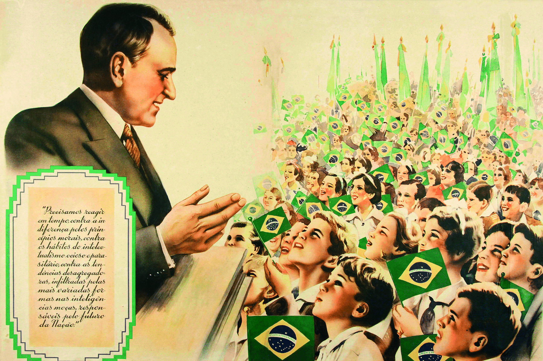 Ilustração. À esquerda, imagem de um homem visto de lado, com cabelos castanhos, curtos e lisos, vestindo um paletó marrom, com a mão direita em evidência. À sua frente e olhando para ele, uma multidão de pessoas, majoritariamente crianças, portando bandeirinhas do Brasil em suas mãos.