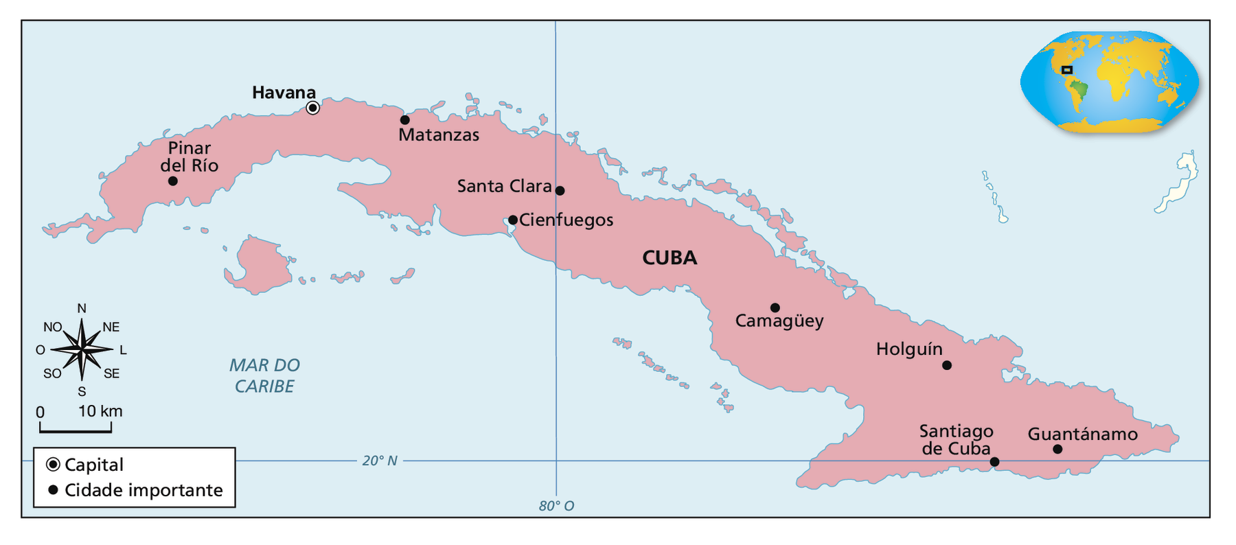 Mapa. Cuba: centros urbanos atuais. Território de Cuba, ilha no mar do Caribe. Capital: Havana. Cidades importantes: Pinar del Río, Matanzas, Santa Clara, Cienfuegos, Camagüey, Holguín, Santiago de Cuba e Guantánamo. No canto esquerdo, rosa dos ventos e escala de 0 a 10 quilômetros.