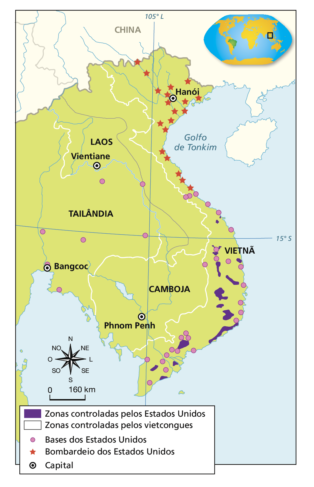 Mapa. Guerra do Vietnã (1967). Destaque para o sudeste asiático, o Golfo de Tonkim e os países a oeste do Vietnã: Laos, Camboja e Tailândia. Em roxo, 'Zonas controladas pelos Estados Unidos', envolvendo pequenas áreas ao sul e ao centro do Vietnã. Em listras diagonais verdes, 'Zonas controladas pelos vietcongues', no Laos, compreendendo todo território fronteiriço com o Vietnã. Círculos rosas indicam 'Base dos Estados Unidos', distribuídos pelo centro, sudeste e sul do Vietnã e algumas áreas da Tailândia. Estrelas vermelhas indicam 'Bombardeio dos Estados Unidos', presentes sobretudo ao norte do território do Vietnã. No canto inferior esquerdo, rosa dos ventos e escala de 0 a 160 quilômetros.