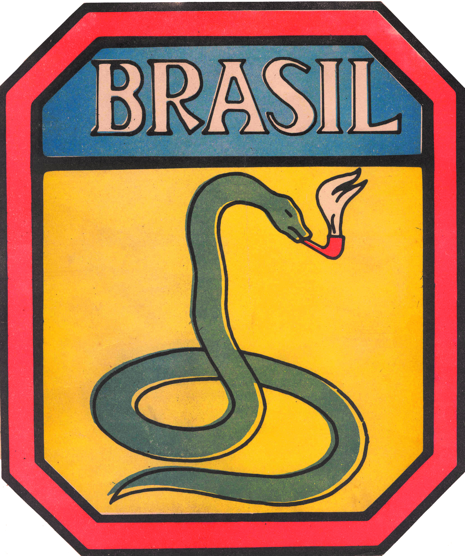 Ilustração. Um símbolo de oito lados, contendo, no centro, a imagem de uma cobra verde, e em sua boca um cachimbo vermelho com fumaça. No canto superior, a palavra 'BRASIL' em uma faixa horizontal azul.