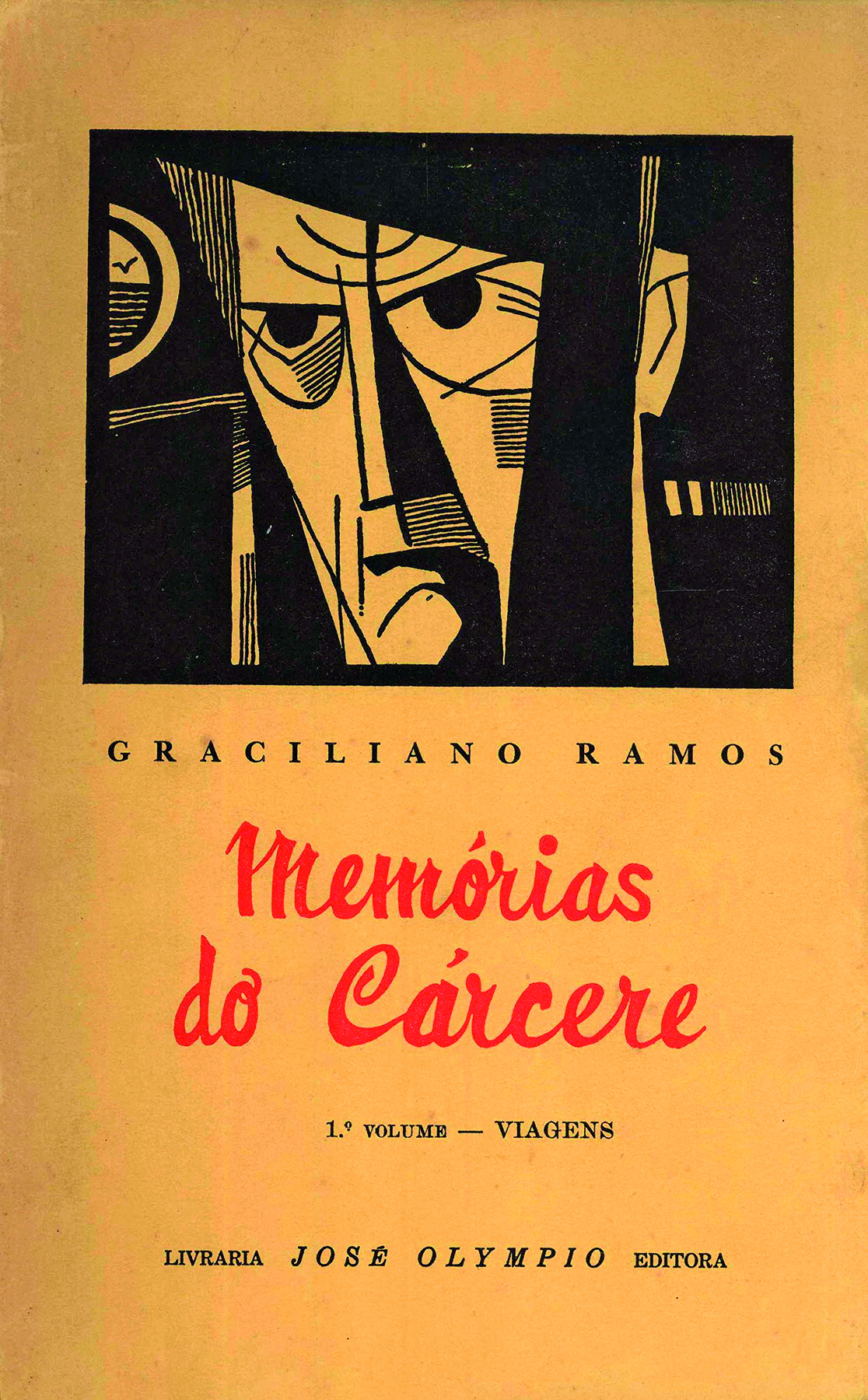 Ilustração. Capa de um livro de fundo bege, com a gravura do rosto de um homem visto parcialmente, com traços lineares, e olhar sisudo. Ao centro, o título: 'Memórias do Cárcere'.