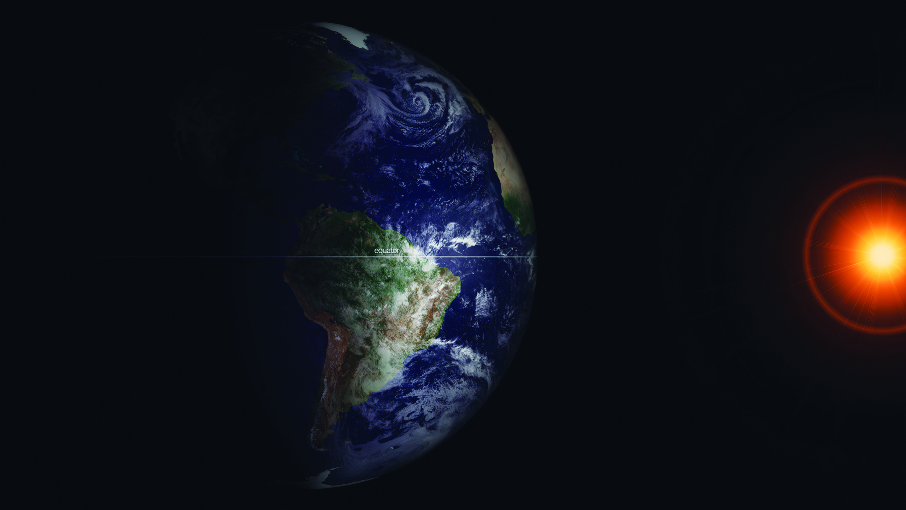 Imagem de satélite do planeta Terra em fundo preto, cuja face destaca a América do Sul e o oceano cobertos de nuvens. À direita, uma forte luz laranja ao redor de uma esfera.