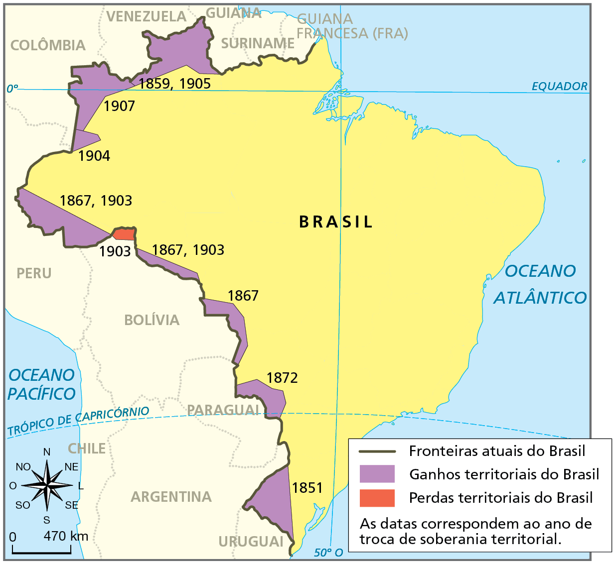 Mapa. Brasil: ganhos e perdas territoriais. Mapa representando o atual território do Brasil na América do Sul, fazendo fronteira com os países Uruguai, Argentina, Paraguai, Bolívia, Peru, Colômbia, Venezuela, Guiana, Suriname, Guiana Francesa (França). O Chile faz fronteira com o Peru, Bolívia e a Argentina. Destaque para ganhos territoriais do Brasil: em 1859 e 1905, da Venezuela; em 1904 e 1907, da Colômbia; em 1867 e 1903, do Peru e da Bolívia; em 1872, do Paraguai; em 1851, do Uruguai. 
Perdas territoriais do Brasil para a Bolívia em 1903. As datas correspondem ao ano de troca de soberania territorial. Abaixo, rosa dos ventos e escala 0 a 470 quilômetros.