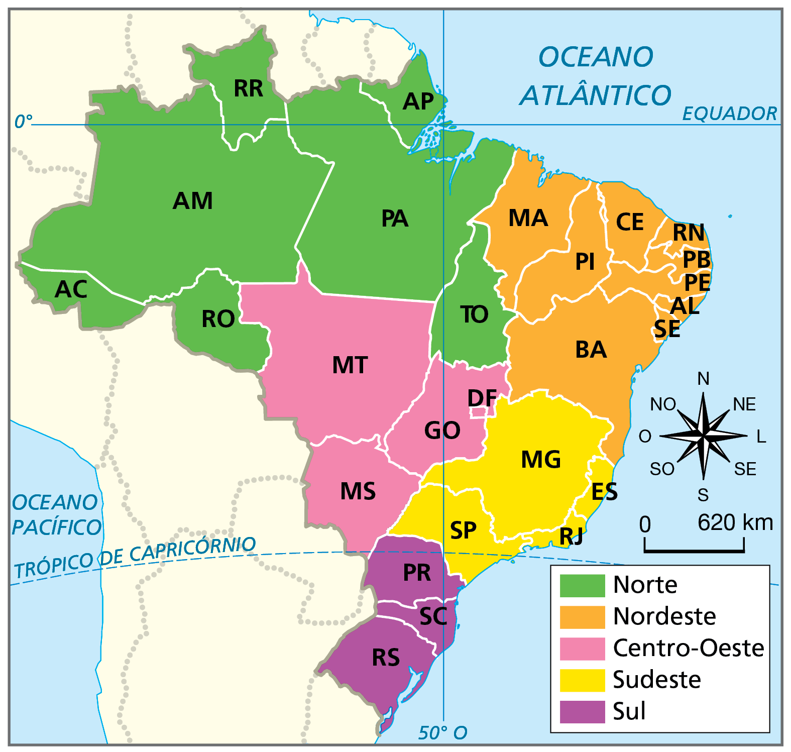 Mapa. Brasil: grandes regiões 2022. Destaque para as cinco regiões do brasil. Região Norte: Tocantins, Pará, Amapá, Roraima, Amazonas, Acre, Rondônia. Região Nordeste: Bahia, Sergipe, Alagoas, Pernambuco, Paraíba, Rio Grande do Norte, Ceará, Piauí, Maranhão. Região Centro-Oeste: Mato Grosso, Mato Grosso do Sul, Goiás, Distrito Federal. Região Sudeste: São Paulo, Rio de Janeiro, Espírito Santo, Minas Gerais. Região Sul: Rio Grande do Sul, Santa Catarina, Paraná. A Região Sul do Brasil faz divisa com as Regiões Sudeste e Centro-Oeste; a Região Sudeste faz divisa com as Regiões Sul, Centro-Oeste e Nordeste; a Região Centro-Oeste faz divisa com as Regiões Sul, Sudeste, Nordeste e Norte; a Região Nordeste faz divisa com as Regiões Sudeste, Centro-Oeste E Norte; a Região Norte faz divisa com as Regiões Centro-Oeste e Nordeste.
Na lateral, à direita, rosa dos ventos e escala de 0 a 620 quilômetros.