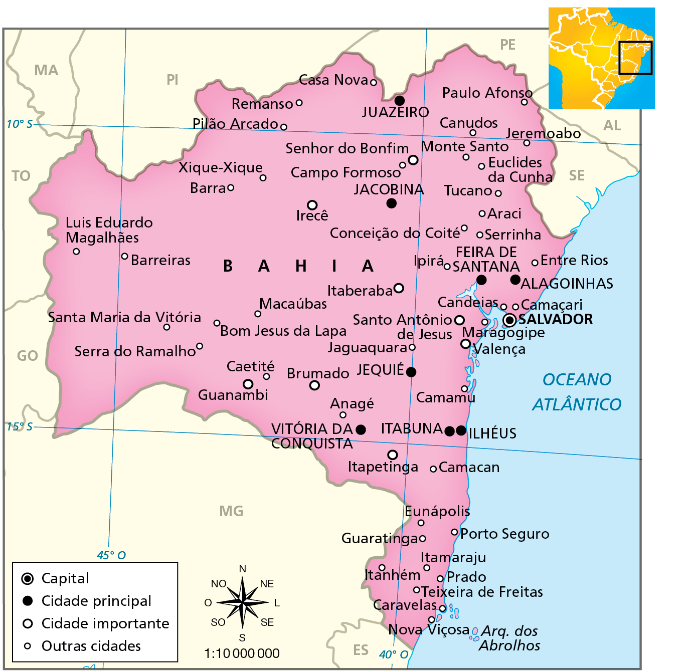 Mapa. Bahia: cidades 2016. Mapa do estado da Bahia com destaque para a capital do estado, cidades principais, cidades importantes e outras cidades. 
Capital do estado: Salvador. 
Cidades principais: Feira de Santana, Alagoinhas, Ilhéus, Itabuna, Juazeiro, Vitória da Conquista, Jequié, Jacobina. 
Cidades importantes: Guanambi, Brumado, Itapetinga, Santo Antônio de Jesus, Itaberaba, Valença, Irecê, Senhor do Bonfim. 
Outras cidades: Nova Viçosa, Caravelas, Teixeira de Freitas, Prado, Itanhém, Itamaraju, Porto Seguro, Guaratinga, Eunápolis,  Camacan, Camamu, Anagé, Caetité, Jaguaquara, Maragogipe, Camaçari, Candeias, Entre Rios, Serrinha, Araci, Conceição do Coité, Tucano, Ipirá, Serra do Ramalho, Euclides da Cunha, Monte Santo, Jeremoabo, Canudos, Paulo Afonso, Casa Nova, Remanso, Pilão Arcado, Campo Formoso, Santa Maria da Vitória, Barreiras, Luís Eduardo Magalhães, Xique-Xique, Barra, Bom Jesus da Lapa, Macaúbas.  
Na parte inferior, rosa dos ventos e escala de 1 para 10 milhões de centímetros.