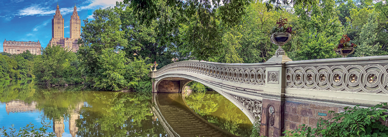 Fotografias. Sequência de fotografias de um mesmo local  (um parque) nas quatro estações do ano. 
Na segunda fotografia, é verão: ponte sobre lago, com  vegetação abundante e folhagens verdes, com céu azul e poucas nuvens e alguns prédios ao fundo.