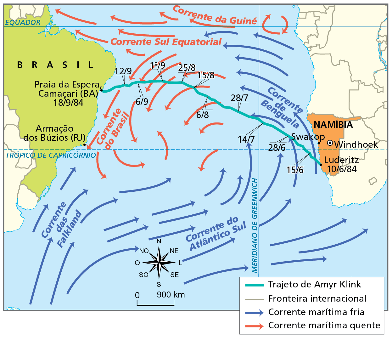 Mapa. Travessia oceânica de Amyr Klink entre Namíbia e Brasil. 
Mapa com destaque para a região do Oceano Atlântico, a leste do Brasil e a oeste da África, onde se deslocam as correntes marítimas frias das Falkland, do Atlântico Sul e de Benguela e as correntes quentes da Guiné, Sul Equatorial e do Brasil. Entre a  Praia da Espera, em Camaçari, na Bahia, e a cidade de Luderitz, na Namíbia (África), há uma linha verde representando o trajeto de Amyr Klink na travessia entre a Namíbia e o Brasil. Nesse trajeto deslocam-se as correntes frias de Benguela e do Atlântico Sul e as correntes quentes Sul Equatorial e do Brasil.
Abaixo, rosa dos ventos e escala de 0 a 900 quilômetros.