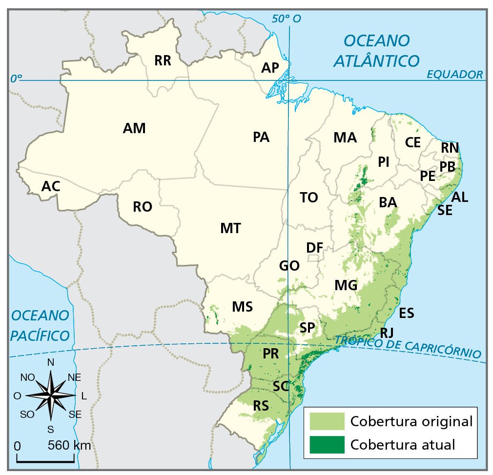 Mapa. Brasil: devastação da Mata Atlântica em 2019.
Mapa do Brasil com destaque para área colorida de verde claro, indicando a cobertura original dessa mata no território brasileiro, e, para área colorida de verde escuro, que indica a cobertura atual dessa vegetação. 
Cobertura original: faixa litorânea, desde o Rio Grande do Norte até o Rio Grande do Sul, abrangendo todo o território dos estados do Espírito Santo, Rio de Janeiro, Paraná e Santa Catarina; boa parte do estados do Rio Grande do Sul, São Paulo e Minas Gerais; e trechos de Mato Grosso do Sul, Goiás, Bahia, Piauí e Ceará. 
Cobertura atual: maior concentração na faixa litorânea dos estados de São Paulo, Rio de Janeiro, Paraná e Santa Catarina; pequenos pontos no Rio Grande do Sul, Santa Catarina, Paraná, Mato Grosso do Sul, Minas Gerais, Espírito Santo, Bahia, Piauí, Ceará, Paraíba, Pernambuco, Sergipe e Alagoas.
Abaixo, rosa dos ventos e escala de 0 a 560 quilômetros.