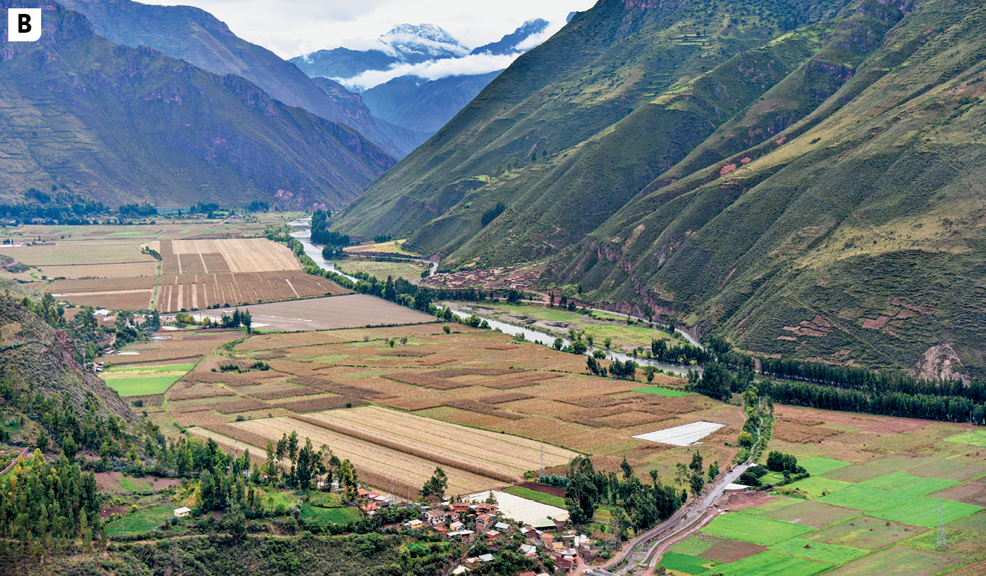 Fotografia B. Vista de uma região com montanhas, à direita e ao fundo da imagem, e com terrenos divididos com diferentes cultivos agrícolas, em primeiro plano. Uma estrada e algumas construções estão próximas à plantação.