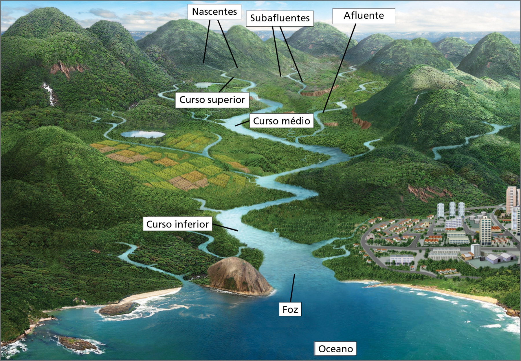 Ilustração. O curso de um rio com afluentes e subafluentes. Na parte de cima, representação de montanhas cobertas por vegetação, onde se localizam algumas nascentes de rios. Em destaque, no centro da imagem, representação de um rio principal, com a identificação dos cursos superior, médio e inferior. À direita e à esquerda, outros rios se conectam ao rio principal, esses são os afluentes e subafluentes. A foz do rio principal deságua no oceano, representado na parte de baixo. No canto inferior direito, representação de uma cidade.