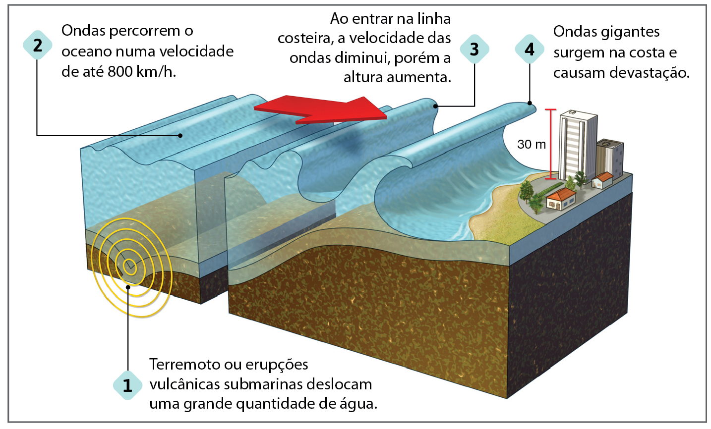 Ilustração. A formação de um tsunami. Bloco diagrama representando a sequência de eventos que levam a formação de um tsunami. 
Evento 1: à esquerda, indicação do epicentro de um terremoto no fundo do oceano e deslocamento da massa de água. Texto explicativo: Terremoto ou erupções vulcânicas submarinas deslocam uma grande quantidade de água.
Evento 2. à esquerda, representação da formação de ondas de grande magnitude no meio do oceano. Texto explicativo: Ondas percorrem o oceano numa velocidade de até 800 quilômetros por hora. 
Evento 3. no centro da imagem, representação da faixa costeira, onde a profundidade do oceano diminui. As ondas são representadas com altura maior do que no ponto de origem. Texto explicativo: Ao entrar na linha costeira, a velocidade das ondas diminui, porém a altura aumenta.
Evento 4. à direita, uma praia e uma cidade com prédios e casas. Representação do recuo do mar e elevação das ondas, a uma altura de 30 metros. Texto explicativo: Ondas gigantes surgem na costa e causam devastação.