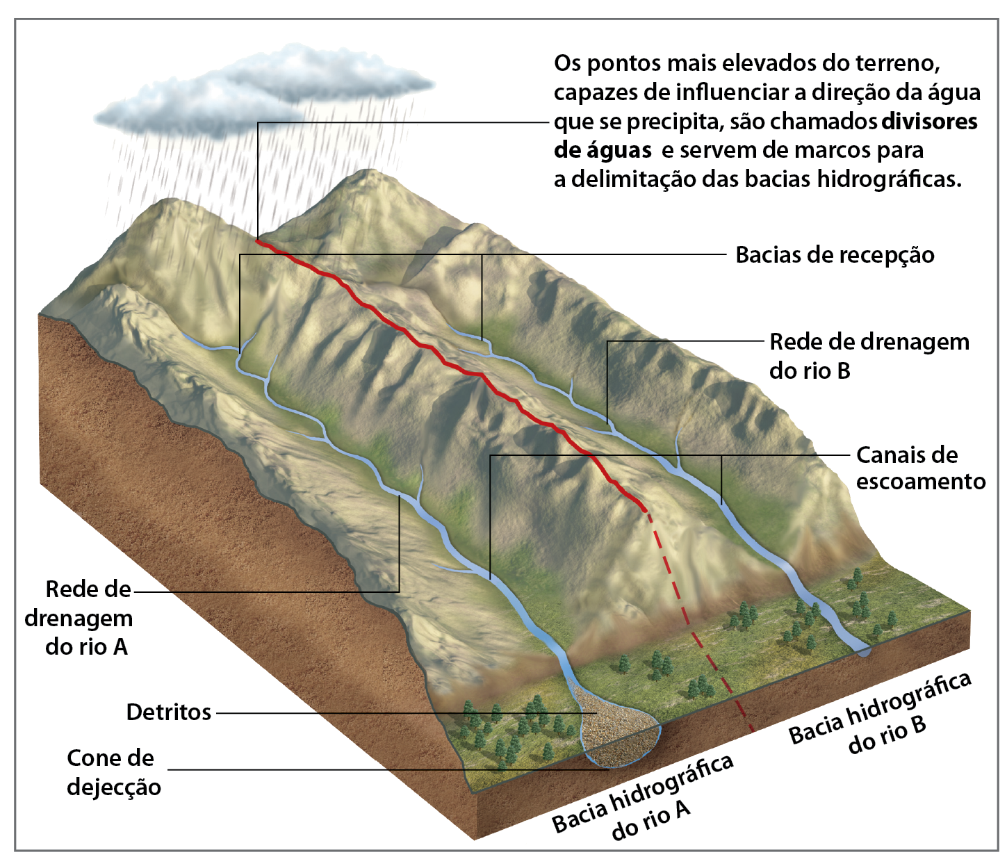 Ilustração. Bacias hidrográficas. 
Para mostrar os elementos que compõem uma bacia hidrográfica, a imagem mostra uma área acidentada com três terrenos mais elevados e dois vales. No vale localizado à esquerda, está descrita a bacia hidrográfica do rio A, no qual, ao longo do curso, estão indicados da parte superior do rio para a inferior os seguintes elementos: bacia de recepção, rede de drenagem do rio A, canais de escoamento, detritos e cone de dejequição. No vale localizado à esquerda, está descrita a bacia hidrográfica do rio B, no qual, ao longo do curso, estão indicados da parte superior do rio para a inferior os seguintes elementos. bacias de recepção, rede de drenagem do rio B e canais de escoamento. Sobre o terreno mais elevado do meio da ilustração, entre os dois vales, há uma demarcação em vermelho relacionada ao seguinte texto: Os pontos mais elevados do terreno, capazes de influenciar a direção da água que se precipita, são chamados divisores de águas e servem de marcos para a delimitação das bacias hidrográficas.