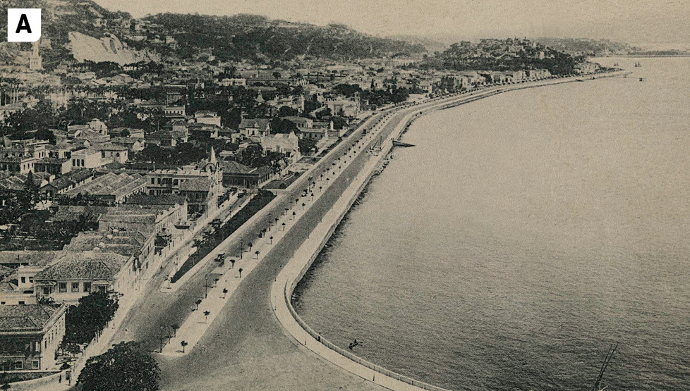 Fotografia A. Em preto e branco. À esquerda, vista de uma avenida extensa a beira mar, com diversas construções, destacando-se os sobrados. À direita aparece o mar.