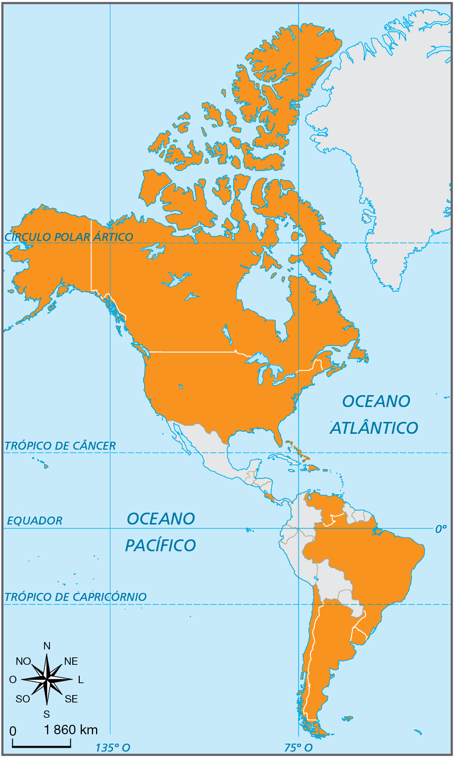 Mapa. Mapa do continente americano indicando os países com população urbana superior à 80%. 
Canadá, Estados Unidos, Barramas, República Dominicana, Porto Rico, Costa Rica, Venezuela, Brasil, Ururguai, Argentina, Chile. 
Na parte inferior, rosa dos ventos e escala de 0 a 1.860 quilômetros.